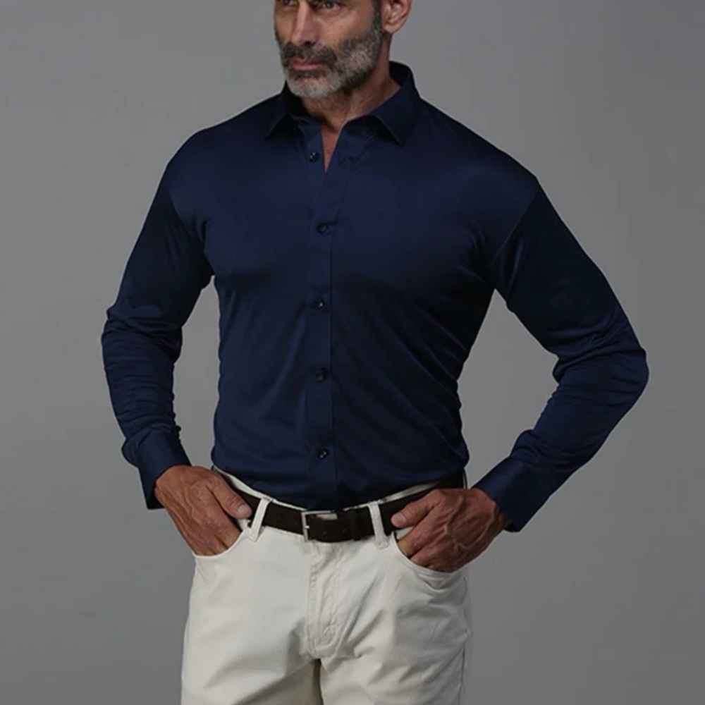 NWOT Collars & Co Navy Blue Quattro Flex Semi-Spread Collar Dress Shirt Large